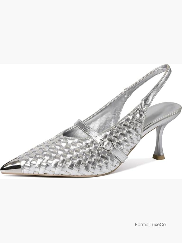 Woven Slingback Kitten Heels Pumps, Pointed Toe, Buckle Strap, Wedding Guest